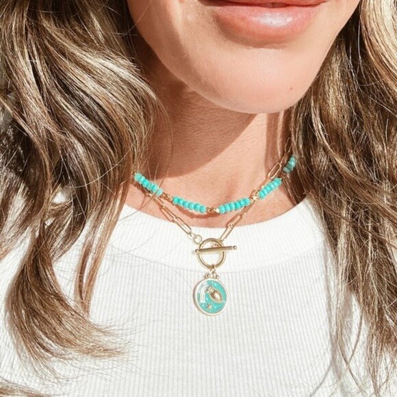 BUNDLE Turquoise Beaded Necklace & Bracelet Set Waterproof Gold - Picture 11 of 12